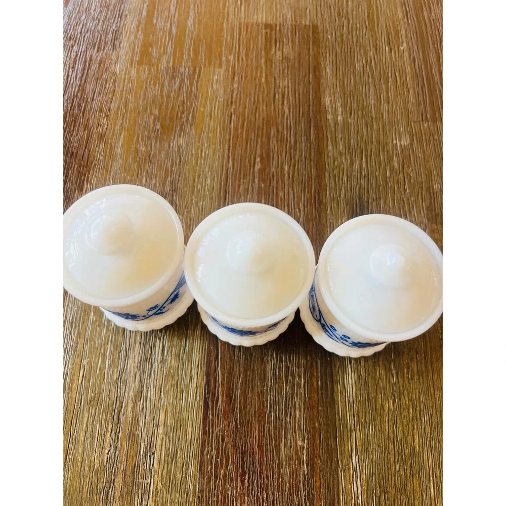 Vintage Milk Glass Spice Jars Set of 3 Blue Floral White Canisters with Lids